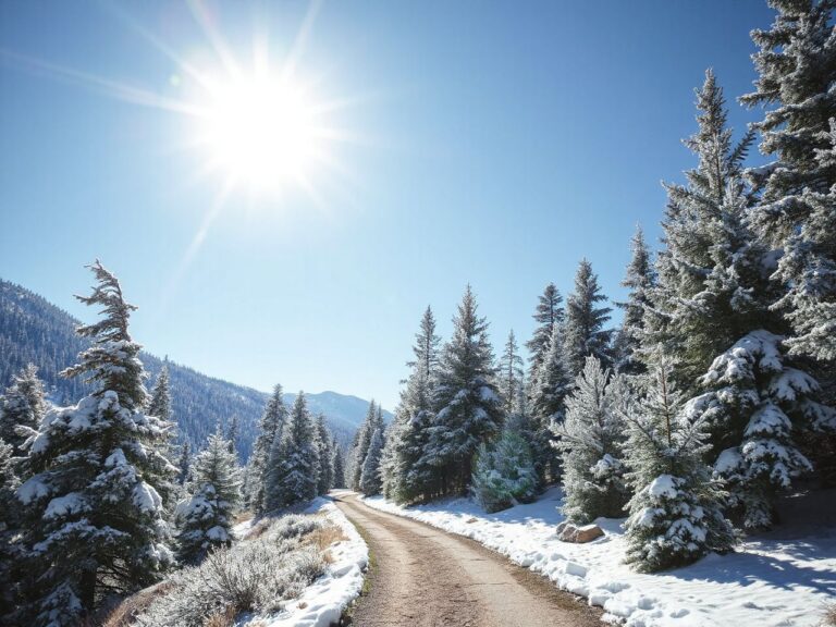 A sunlit mountain trail winding through frosted pine trees under a clear blue winter sky
