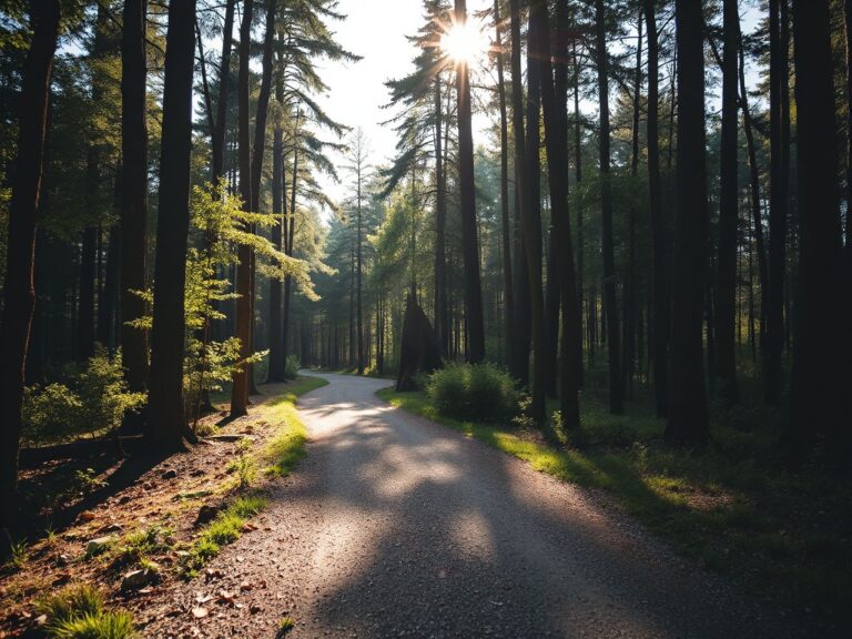 A sunlit forest trail winding through tall trees, perfect for a morning run in nature