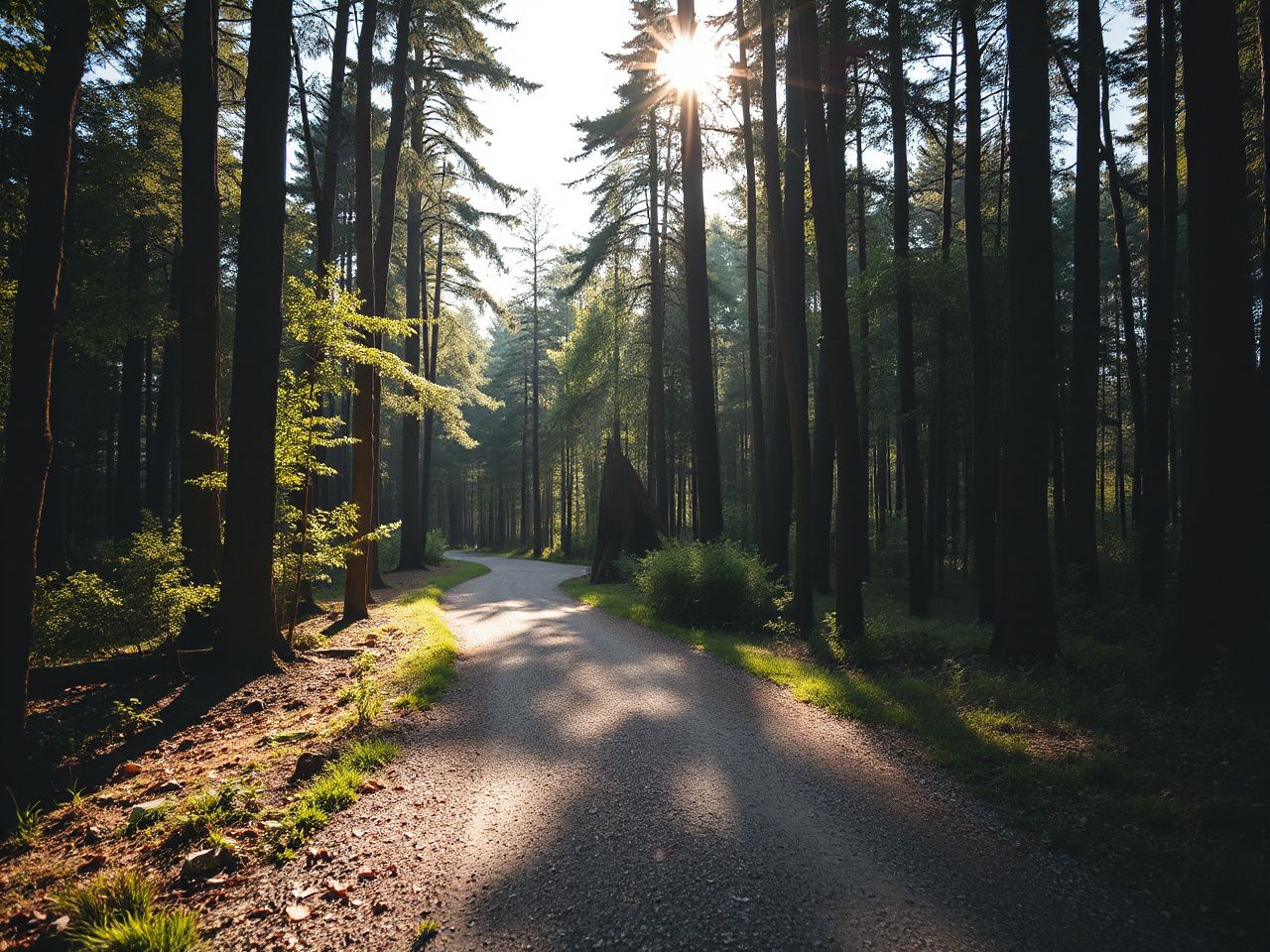 A sunlit forest trail winding through tall trees, perfect for a morning run in nature