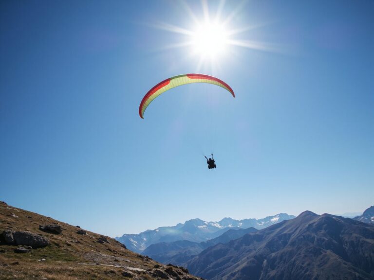 A colorful paraglider soaring high above a sunlit mountain ridge under a clear blue sky