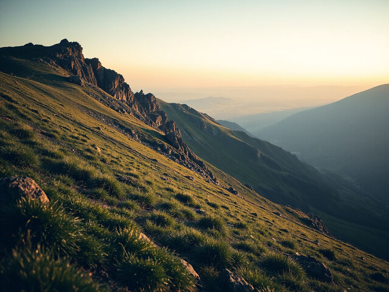 A grassy mountain launch slope at dawn with a wide green valley far below