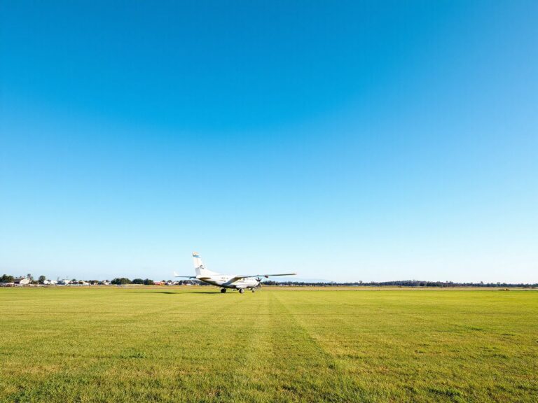 A bright blue sky above a wide-open grassy field with a small airplane parked near a runway