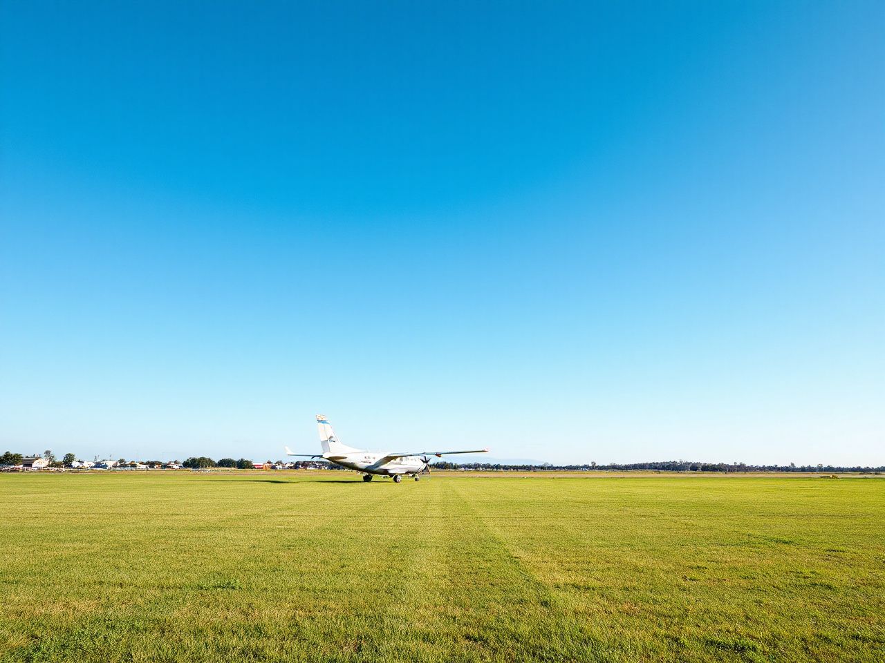A bright blue sky above a wide-open grassy field with a small airplane parked near a runway