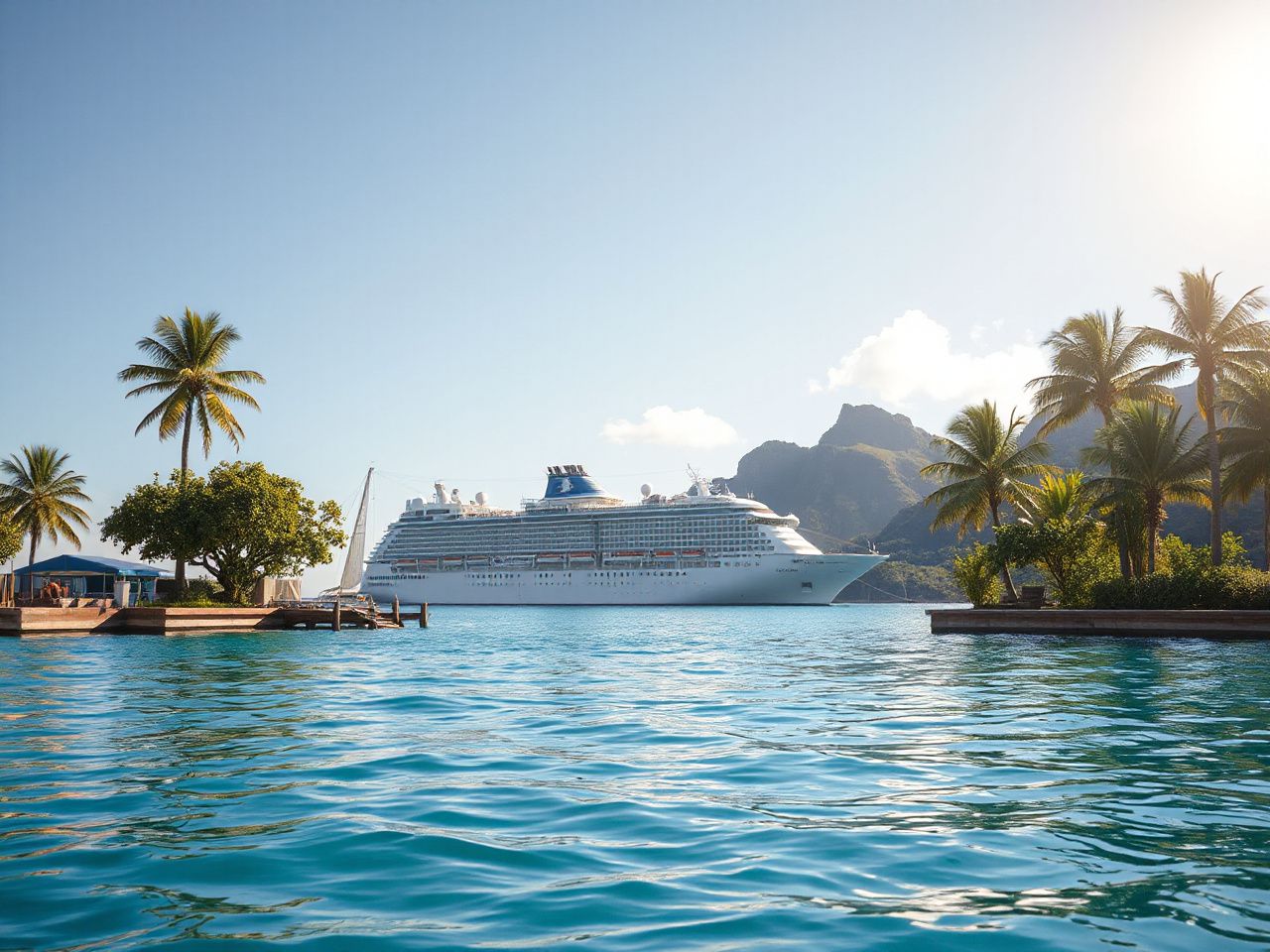 A large cruise ship sailing past a sunlit tropical island with palm trees and clear blue waters