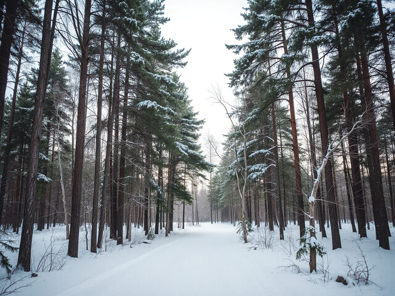 A quiet snow-covered forest trail winding through tall pine trees under a pale winter sky