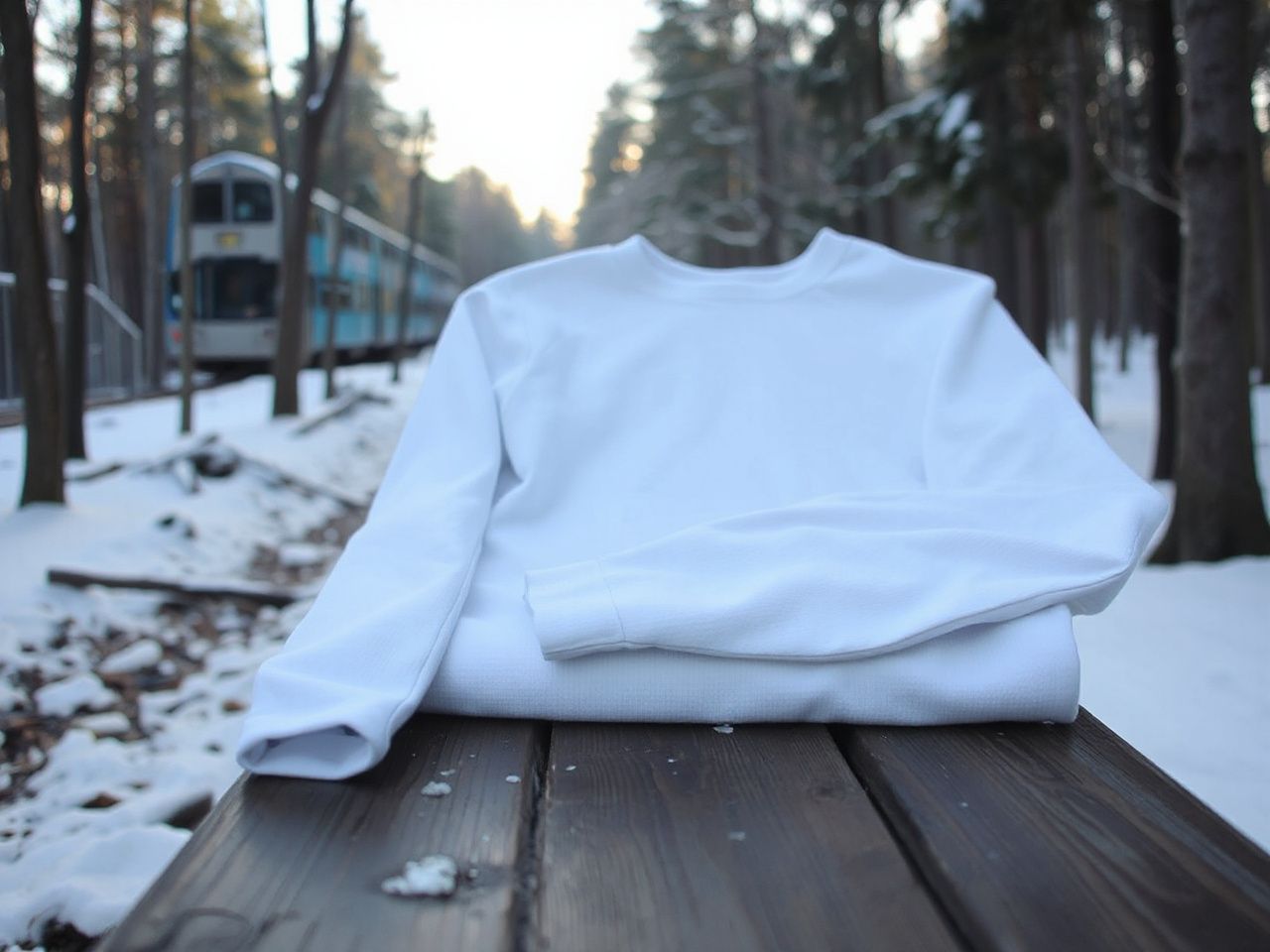 A plain white long sleeve thermal top folded on a wooden bench in a snowy forest