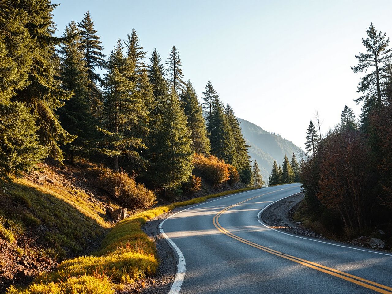 A winding mountain road bathed in morning light, surrounded by tall pine trees and crisp autumn air