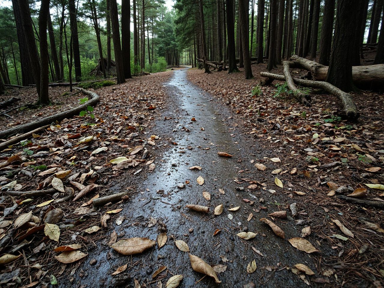 A damp forest trail strewn with wet leaves and scattered pine needles, illustrating slippery terrain hazards