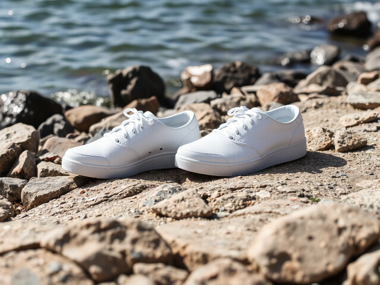 White shoes placed on a rocky shoreline, sunlight highlighting textured soles for grip testing