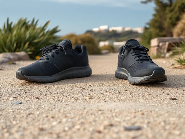 A pair of plain solid dark grey thick-soled running shoes with smooth uppers, no stripes or marks, on a sandy coastal path
