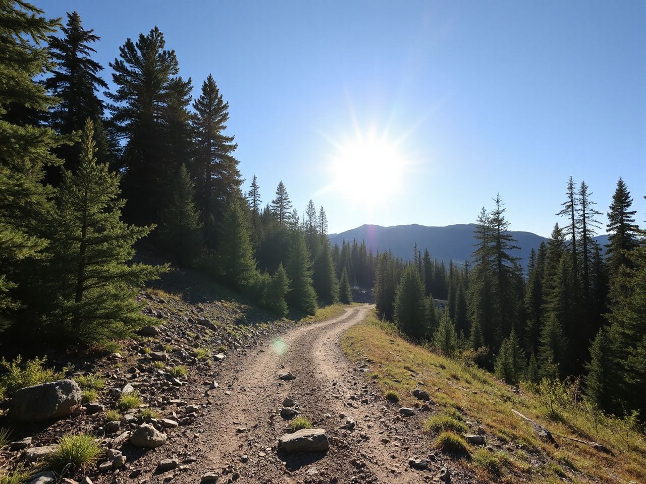 Sunlit mountain trail winding through dense pine forest under a clear blue sky