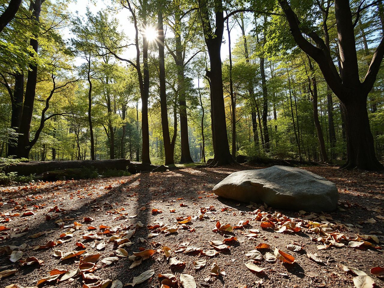 A sunlit forest clearing with scattered leaves and a smooth rock, perfect for foot measurement outdoors