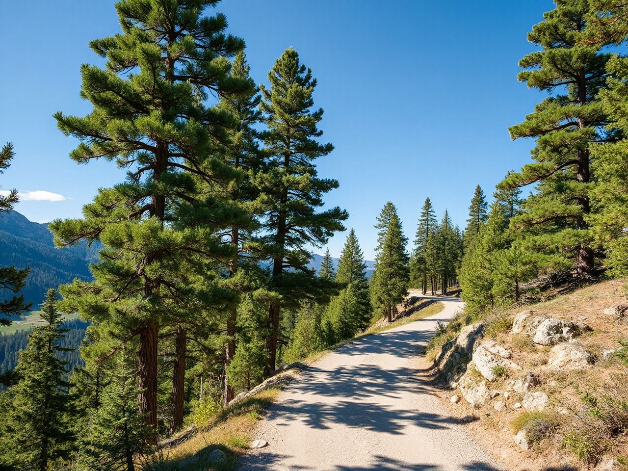 A winding mountain trail bordered by dense pine trees under a clear blue sky in daylight