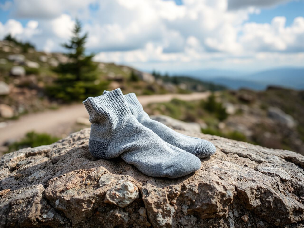 A pair of plain grey wool hiking socks folded on a flat rock beside a trail
