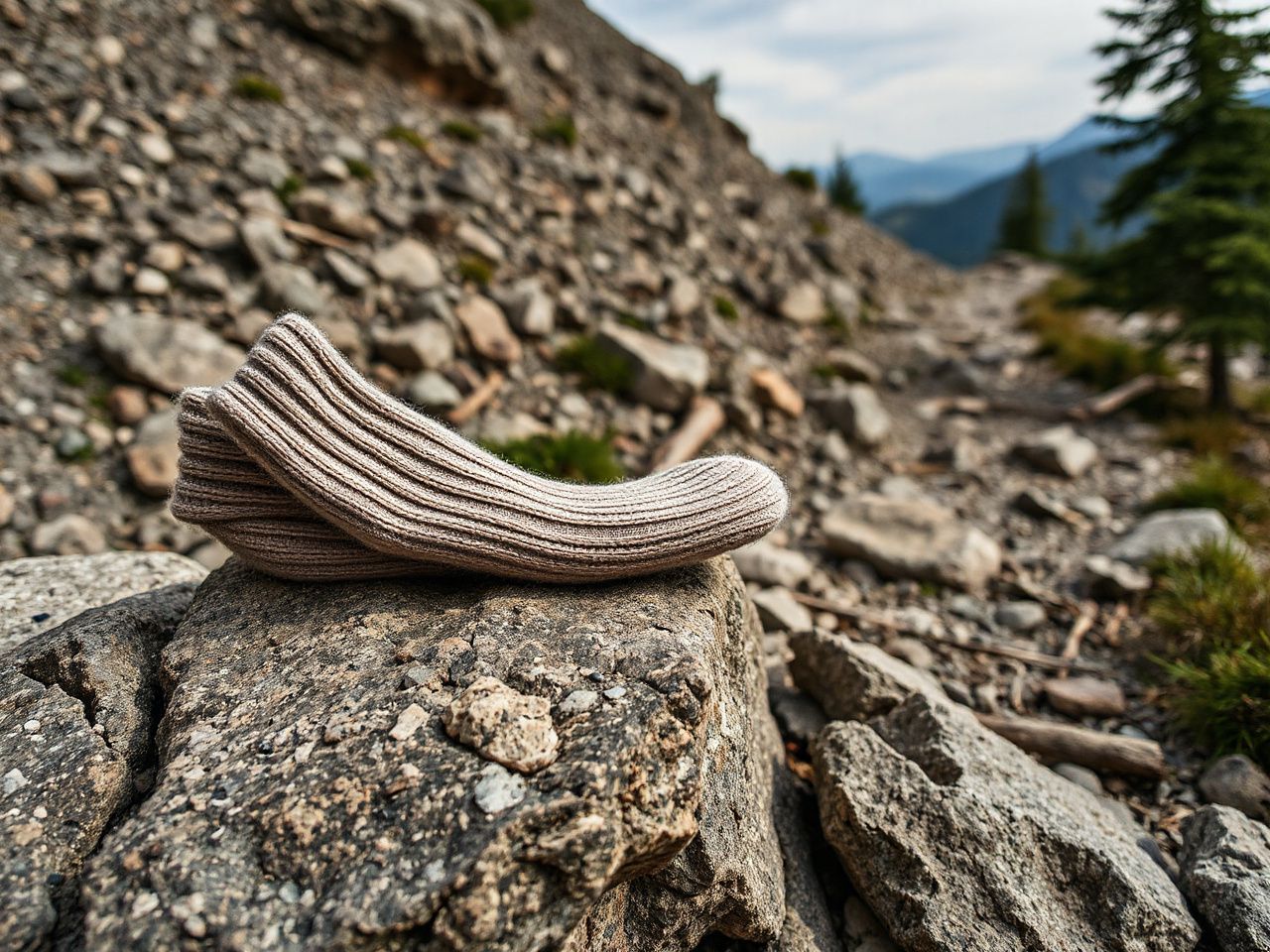 Close-up of a rugged mountain trail with woolen socks draped over a rock, highlighting texture differences