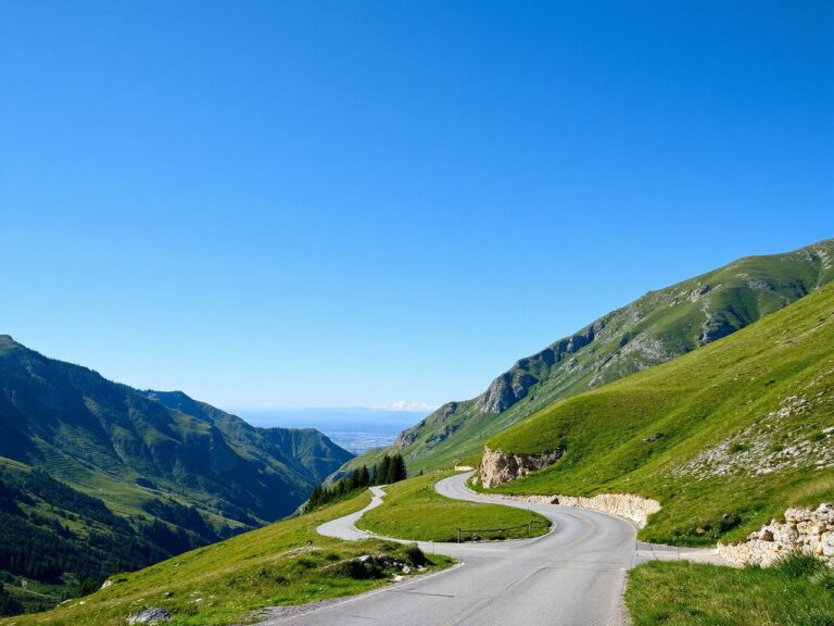A winding mountain road stretches through lush green hills under a clear blue sky at midday