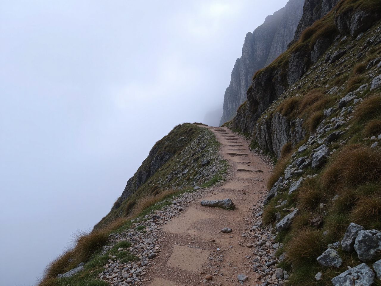 A winding mountain trail disappearing into mist, symbolizing unexpected challenges on a world trip
