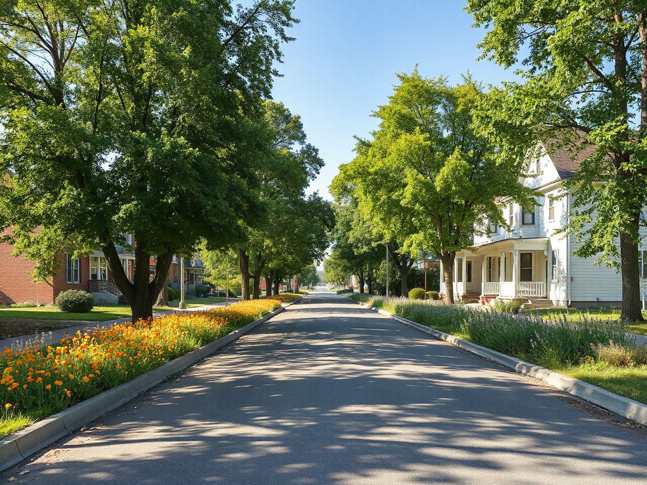 A peaceful township street bordered by green trees and wildflowers on a sunny afternoon