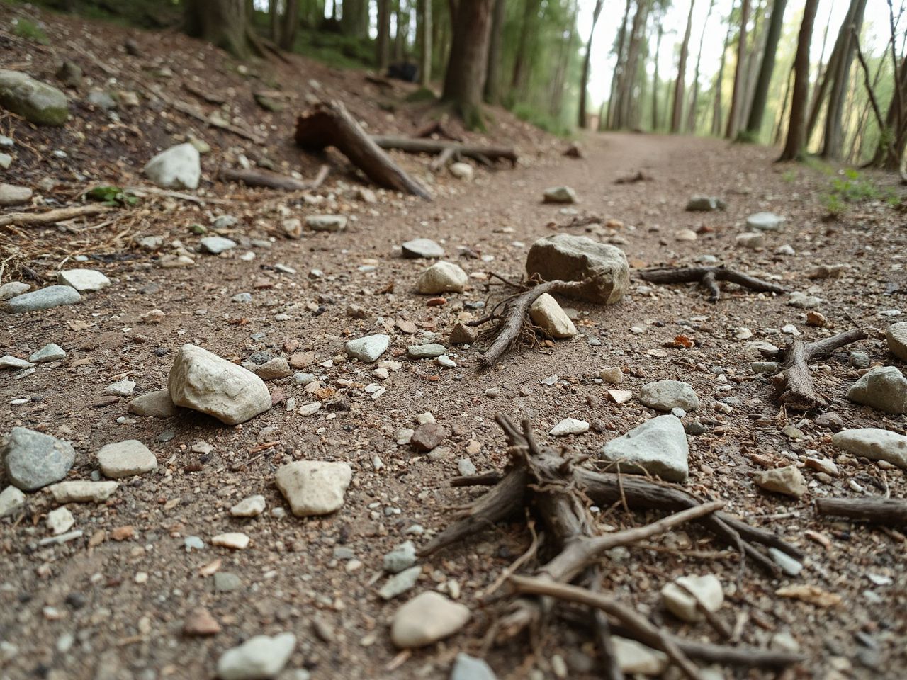 A rugged forest trail with scattered rocks and roots, highlighting natural terrain challenges for thin-soled footwear