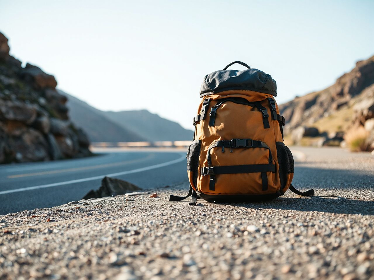 A compact backpack resting beside a mountain road under clear daylight, emphasizing lightweight travel essentials