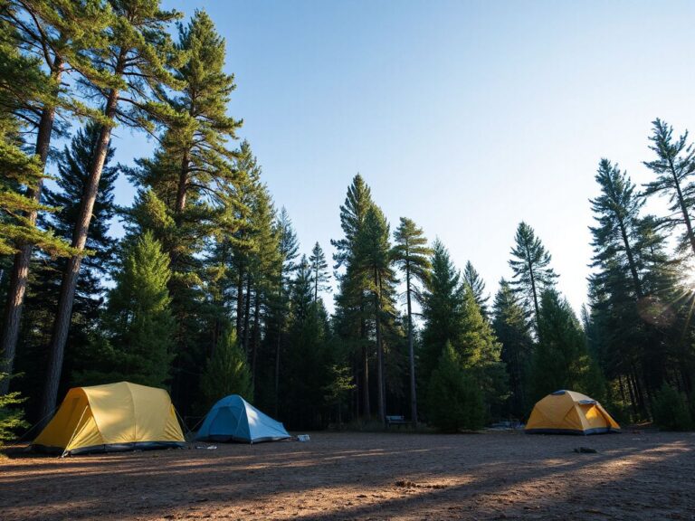 A serene forest campsite with tents pitched among tall pine trees under a bright blue sky