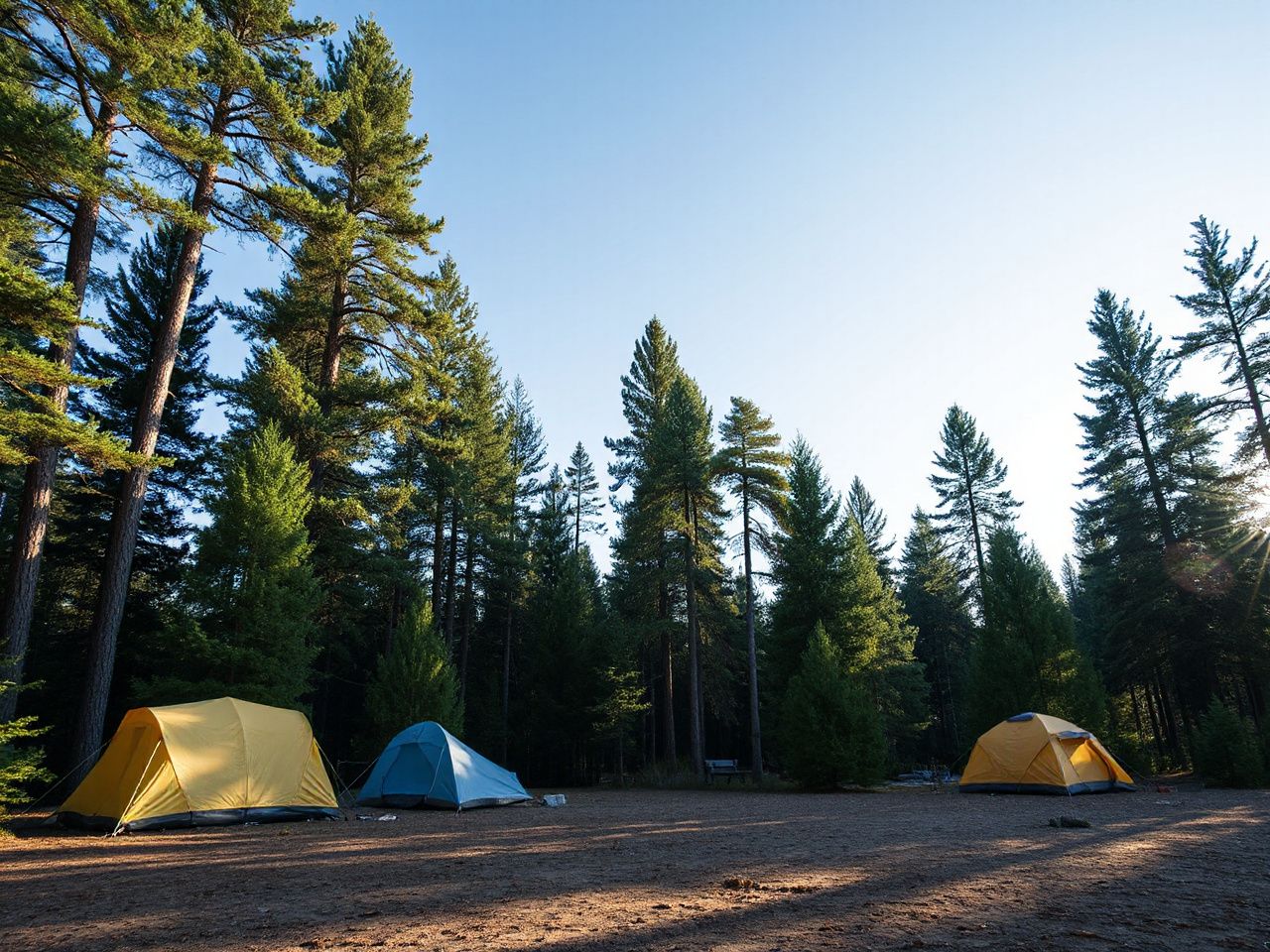 A serene forest campsite with tents pitched among tall pine trees under a bright blue sky