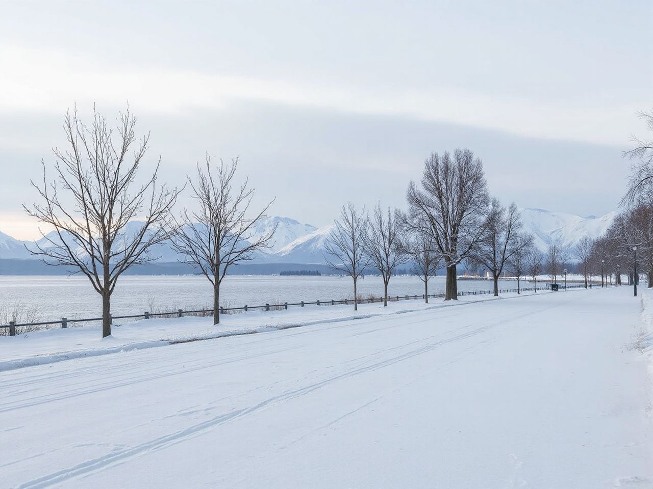 A snowy lakeshore promenade with bare winter trees and distant snowy mountains under a pale sky