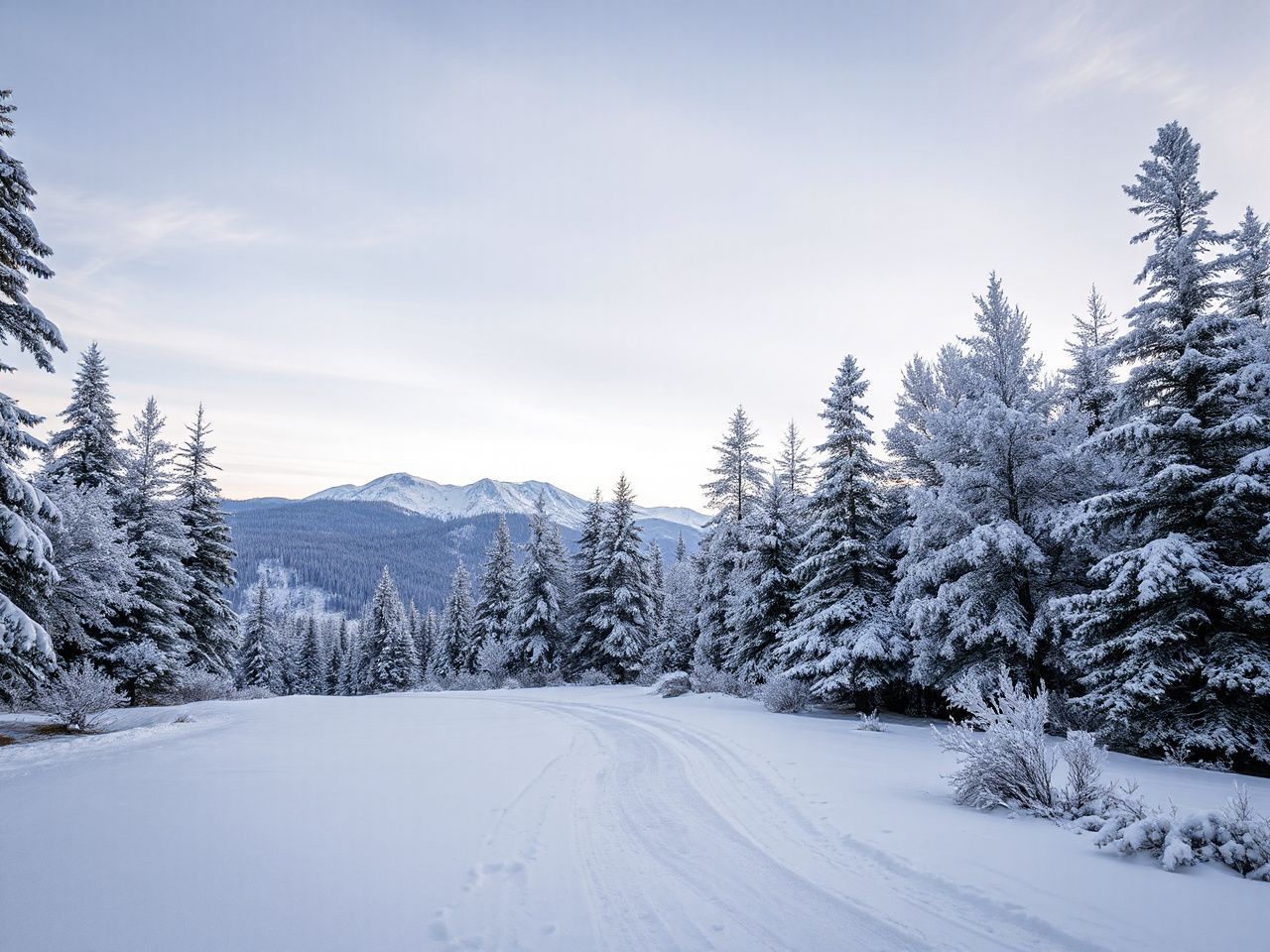 Snow-dusted mountain trail winding through frosted pine trees under a pale winter sky