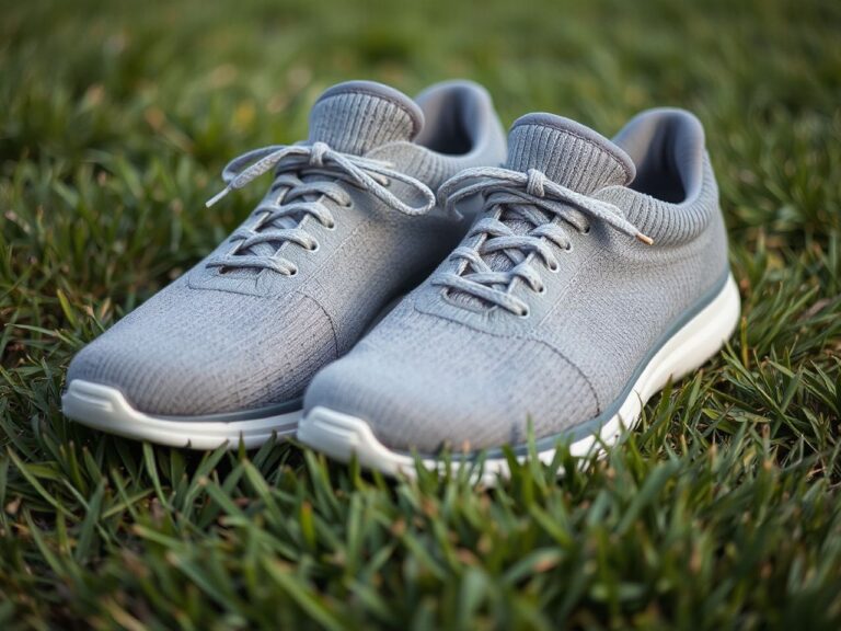 Pair of plain grey walking shoes on grass