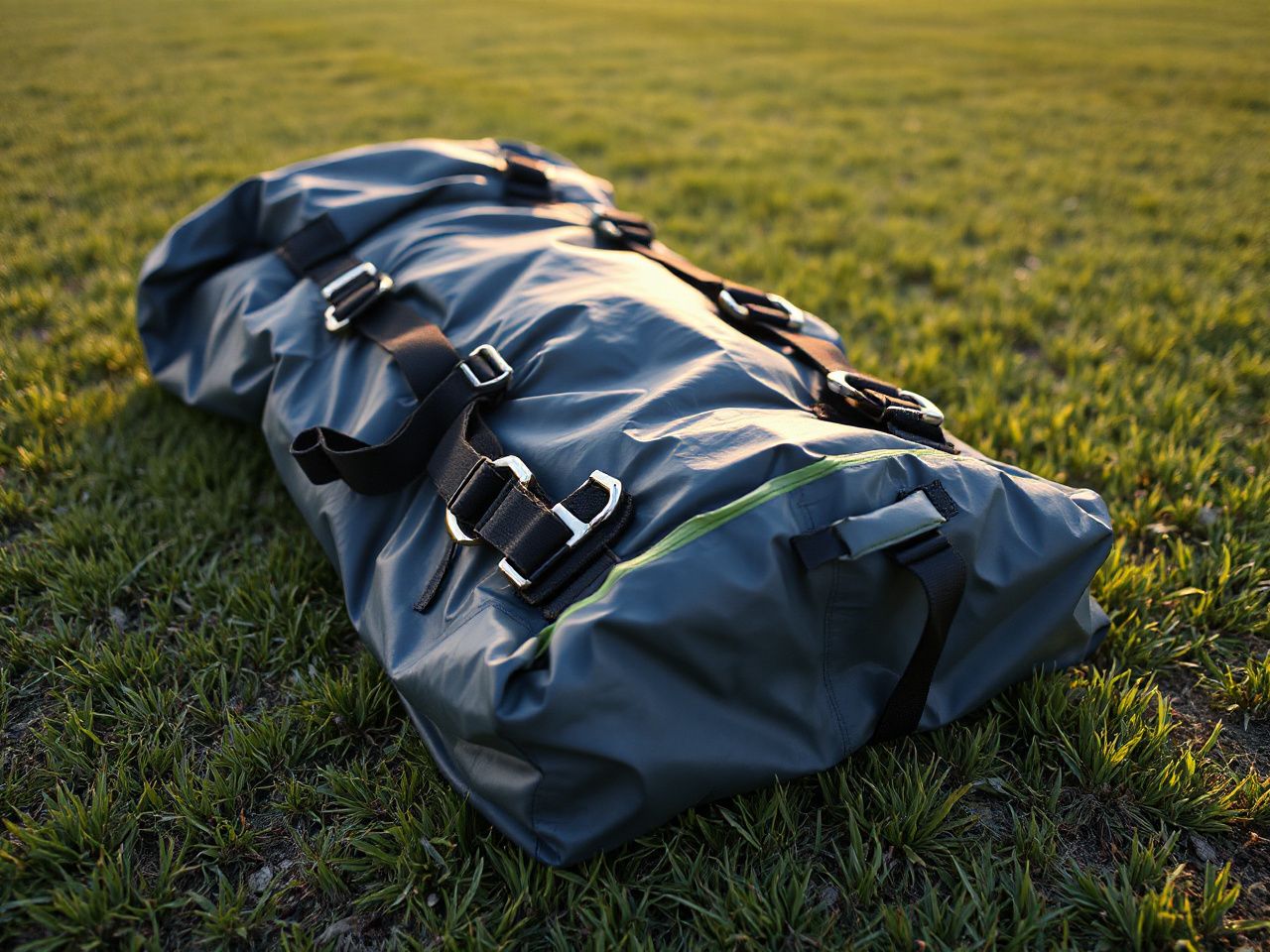 Packed tandem parachute container and harness on grass