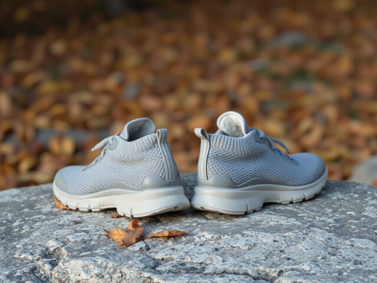 Pair of wide grey mesh walking shoes on a granite rock with autumn leaves