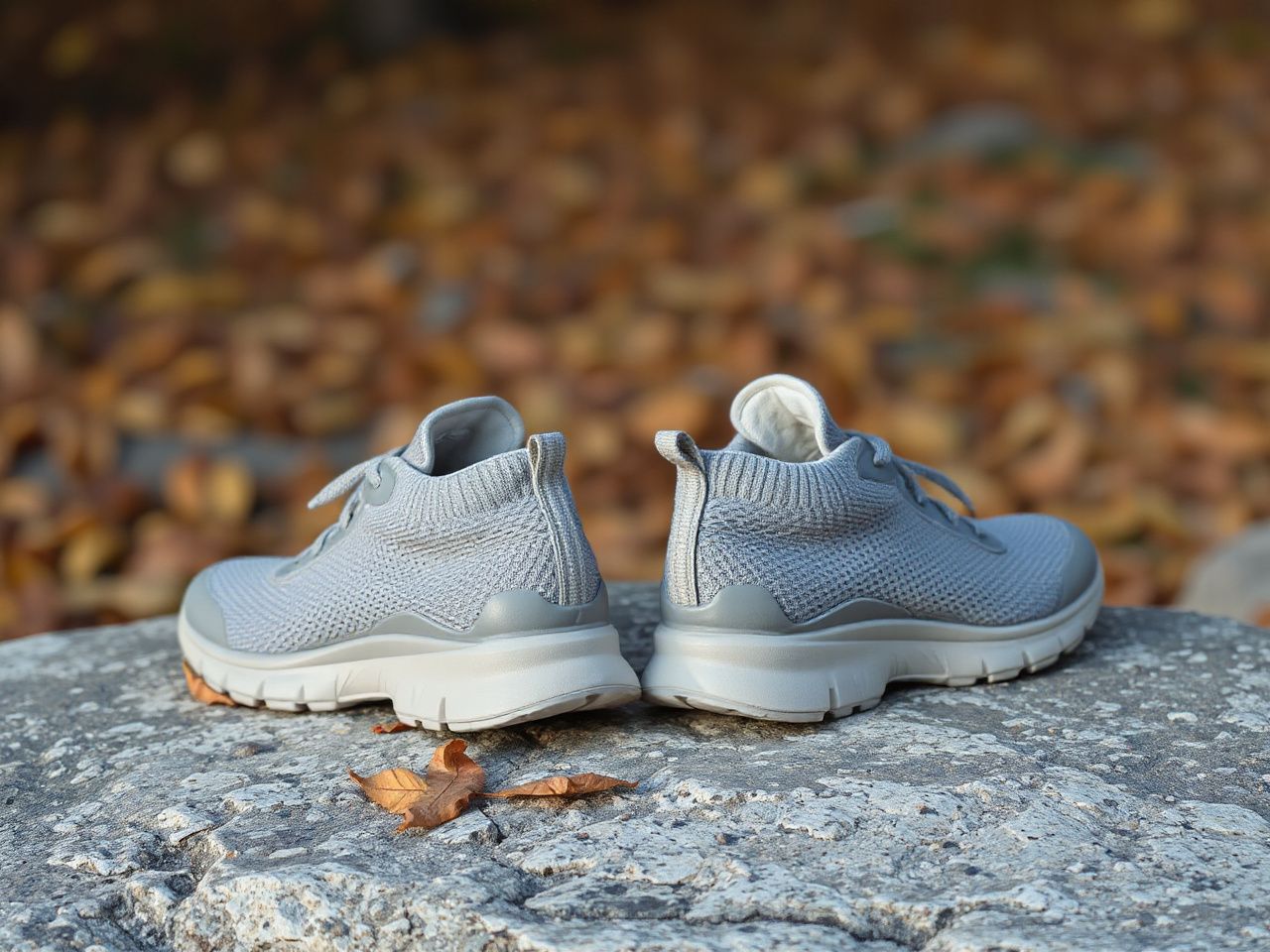 Pair of wide grey mesh walking shoes on a granite rock with autumn leaves