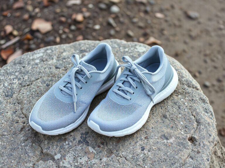 Pair of plain grey running sneakers on a trailside rock