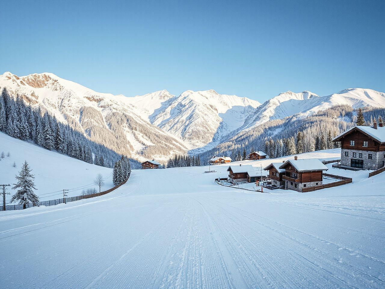 Swiss Alps ski resort village beneath snow-covered peaks