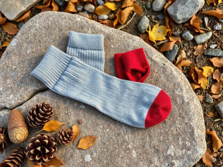 Women's wool hiking socks on a trail rock
